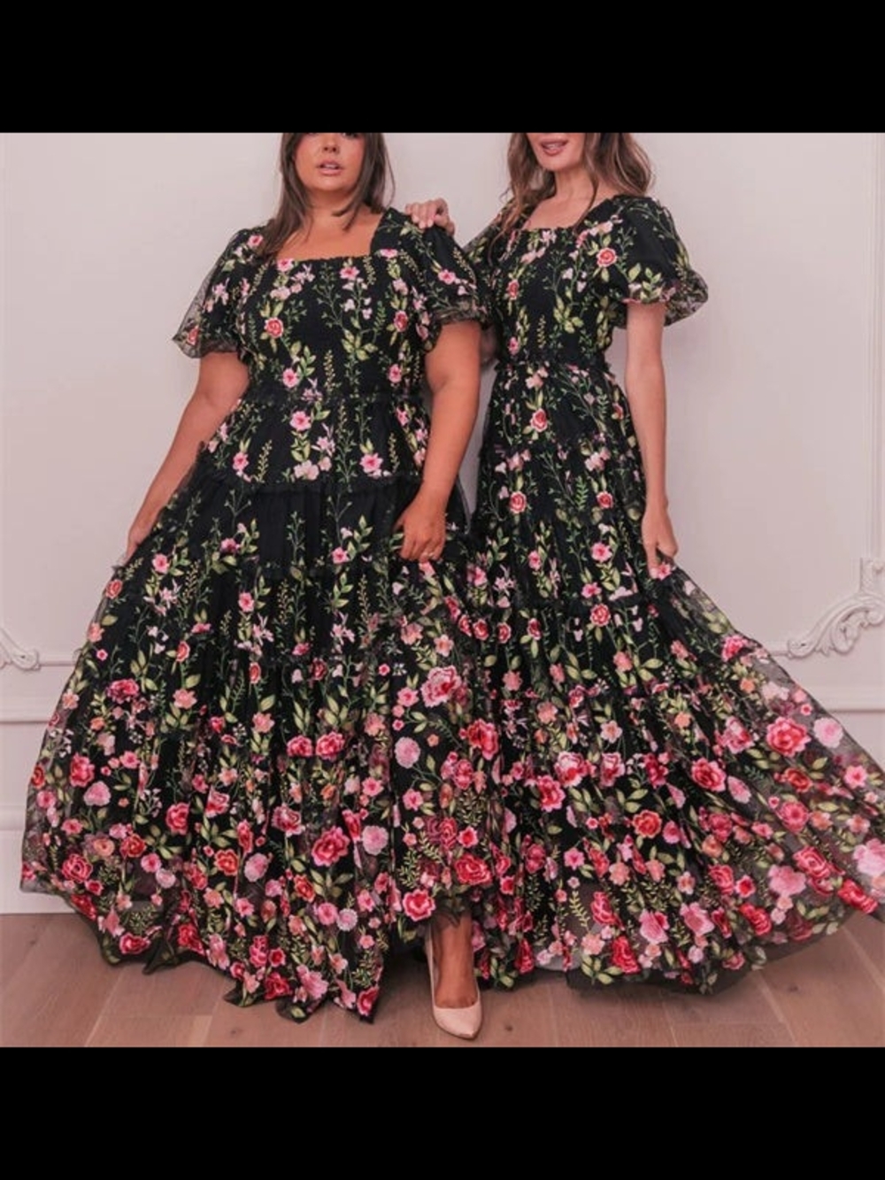 Black Floral Tiered Maxi Dress with Pink Rose Embroidery